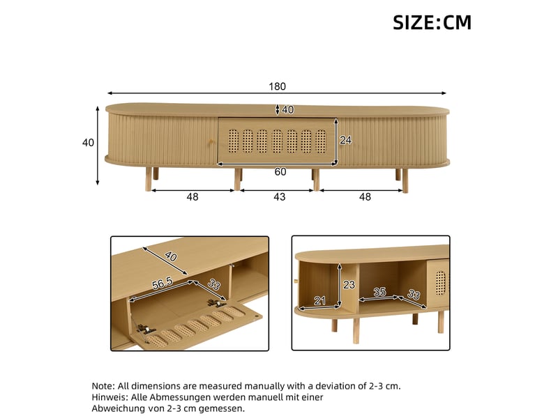  Meuble tv ovale 180 cm en mdf bois clair, 5 rangements fermés et portes à rideau, pour écran jusqu'à 75 pouces  - Conforama C