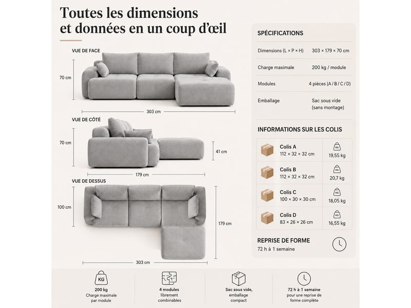  Canapé modulaire à compression, en tissu velours  - Conforama W