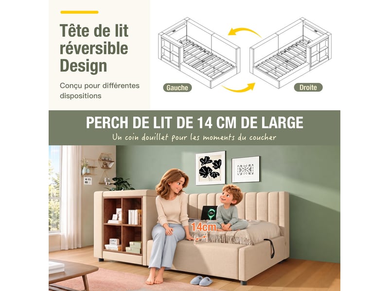  Canapé-lit 90x200cm - avec éclairage led et port de charge usbtype-c - tissu en lin - installation à gauchedroite - beige (matelas non inclus)  - Conforama E