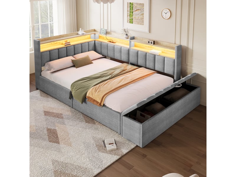 Lit coffre hydraulique 140x200 cm avec led, usb-a et usb-c, banc coffre et tête réversible, tissu lin gris, sans matelas - Conforama W