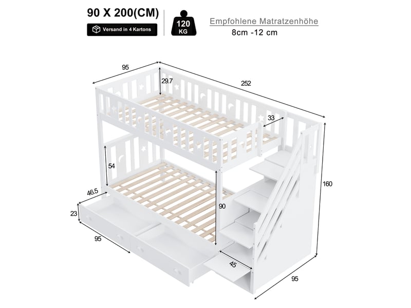  Lit superposé enfant 90x200 cm avec 2 couchages, escalier avec rangements, tiroirs, barrières de sécurité, bois massif, blanc  - Conforama C