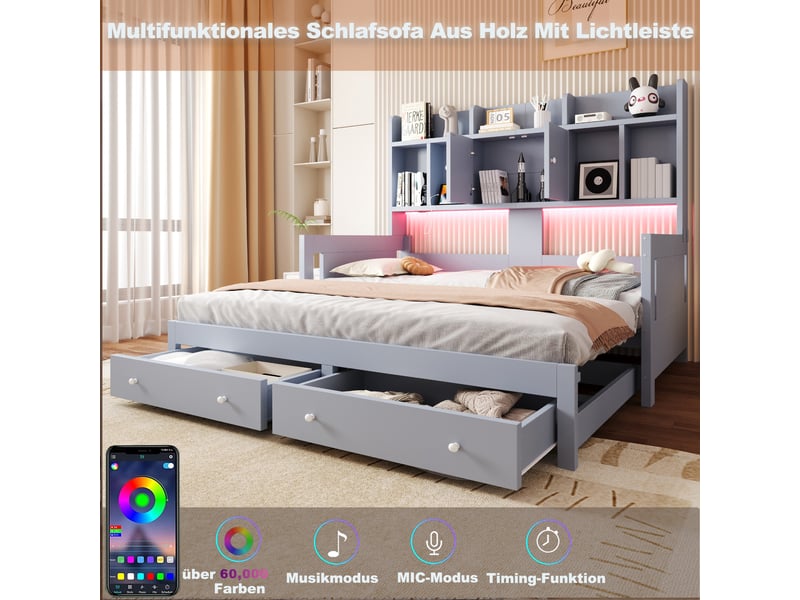  Canapé-lit 90x190 cm, lit enfant, couchage d'appoint, tiroirs, extensible, étagères, bois gris, led  - Conforama R