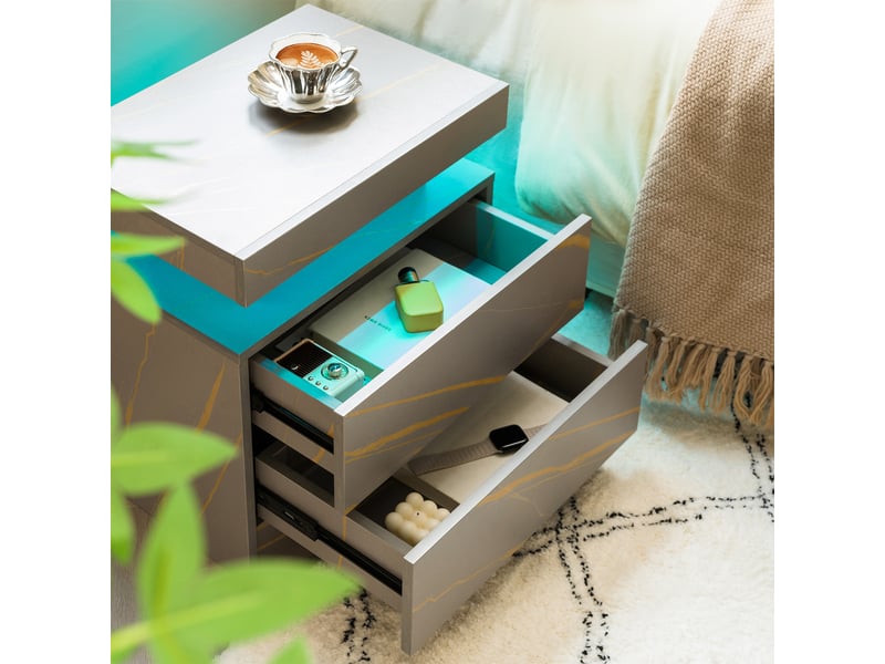  Table de chevet avec 2 tiroirs, niche et led pour chambre en bois d’ingénierie gris et doré  - Conforama D