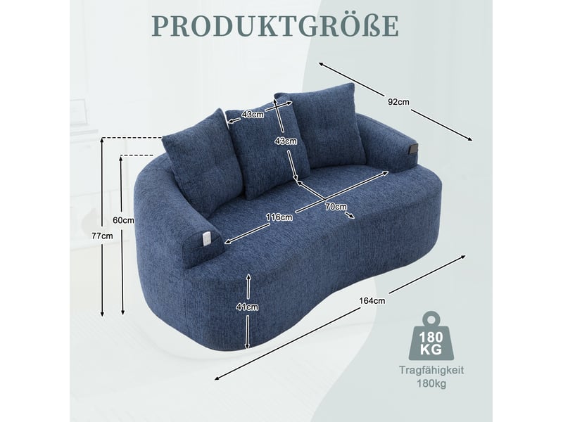  Canapé fixe 2 places 164 x 92 cm bleu en chenille, assise profonde avec ressorts ensachés et 3 coussins  - Conforama C
