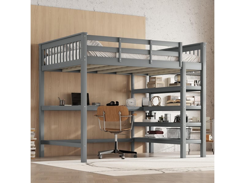  Lit mezzanine enfant 140x200 cm, table, étagère, garde-corps, sommier, pin gris, sans matelas  - Conforama B