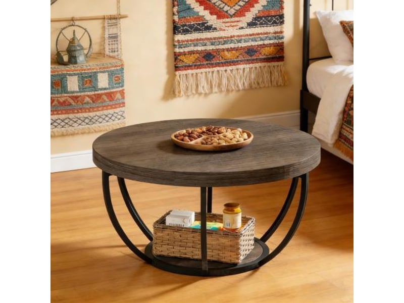  Table basse ronde à 2 niveaux en bois et métal gris ø80x45 cm  - Conforama B