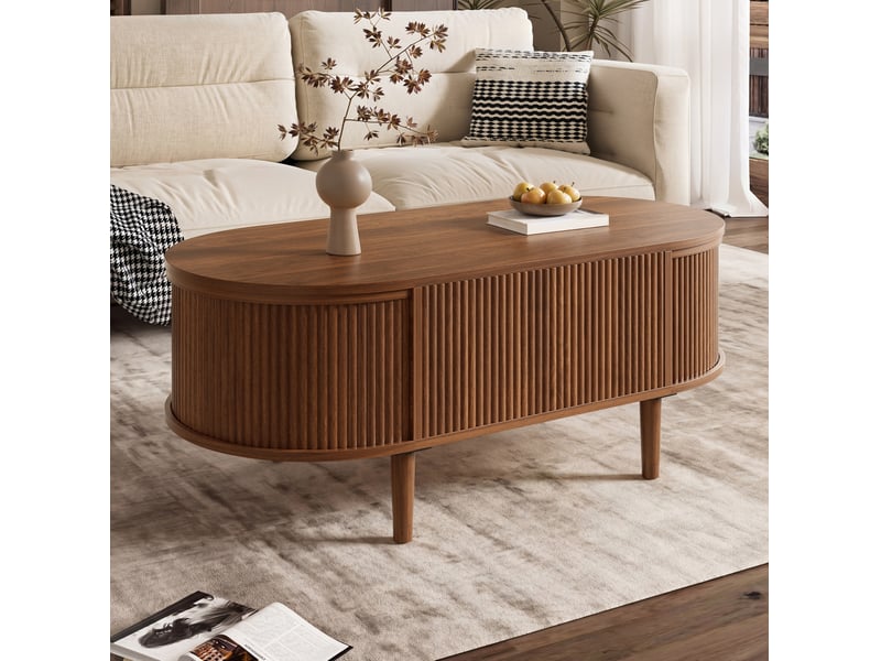  Table basse ovale relevable avec rangement, design ondulé, pour salon, en mdf et bois de pin, couleur noyer  - Conforama D