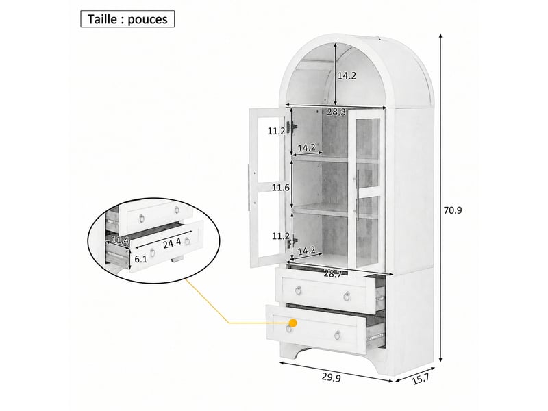Meuble de cuisine muvano noir à sommet arrondi, 2 portes vitrées et 2 tiroirs, hauteur 180 cm - Conforama W