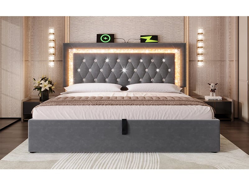  Lit coffre 160x200 cm velours gris, tête de lit led, ports usb-c, rangement hydraulique et matelas inclus  - Conforama B