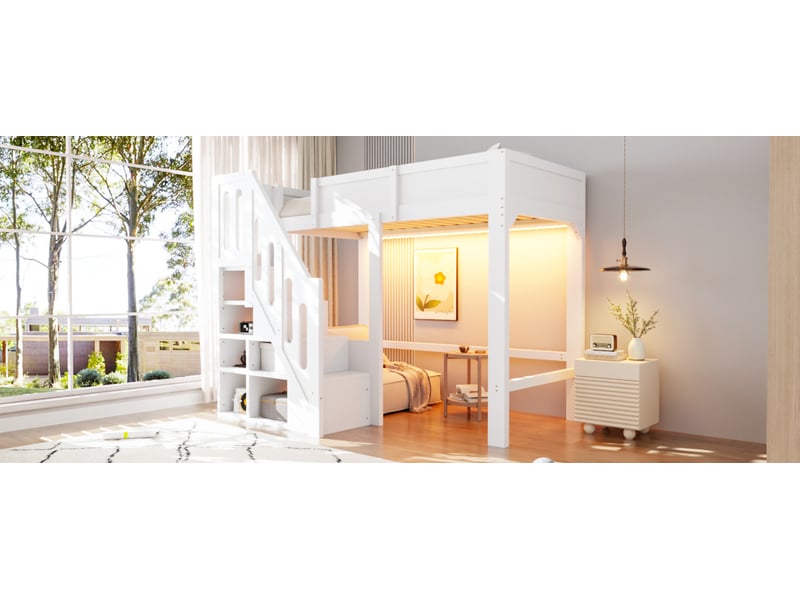  Lit mezzanine 90 × 200 cm, escalier de rangement et led, blanc  - Conforama B