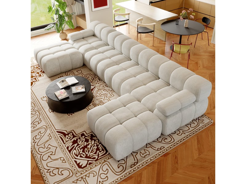 Canapé d'angle panoramique en u 6 places 400x200x68 cm en chenille blanc - Conforama B