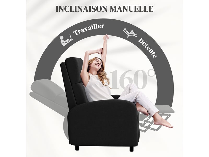  Fauteuil relax inclinable manuel avec repose-pieds en tissu 64x86x102 cm  - Conforama D