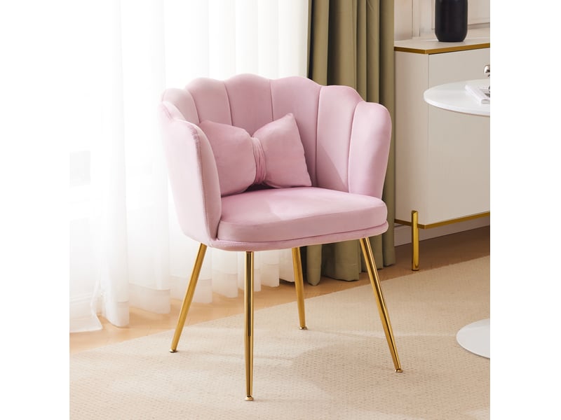  Fauteuil à assise rembourrée en velours avec dossier en pétales, coussin papillon et pieds métalliques dorés, rose  - Conforama C