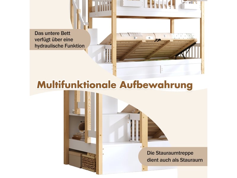 Lit superposé sommier hydraulique mezzanine bois massif enfant 90x200+90x200 cm forme maison led escalier rangement fenêtre blanc naturel  - Conforama E