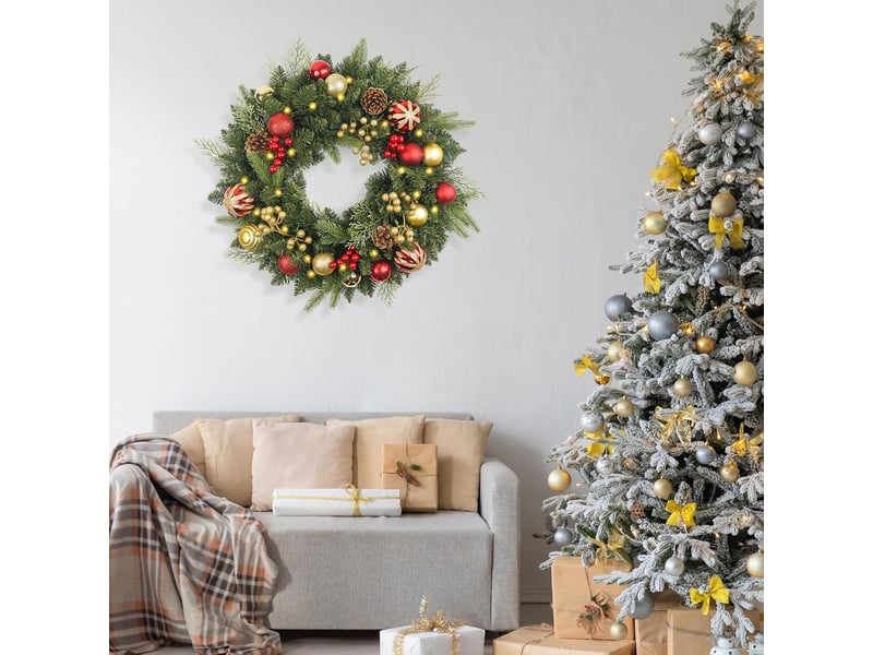  Couronne de noël pré-éclairée 40cm pour porte d'entrée – led blanc chaud, boules, aiguilles de pin et baies rouges  - Conforama E