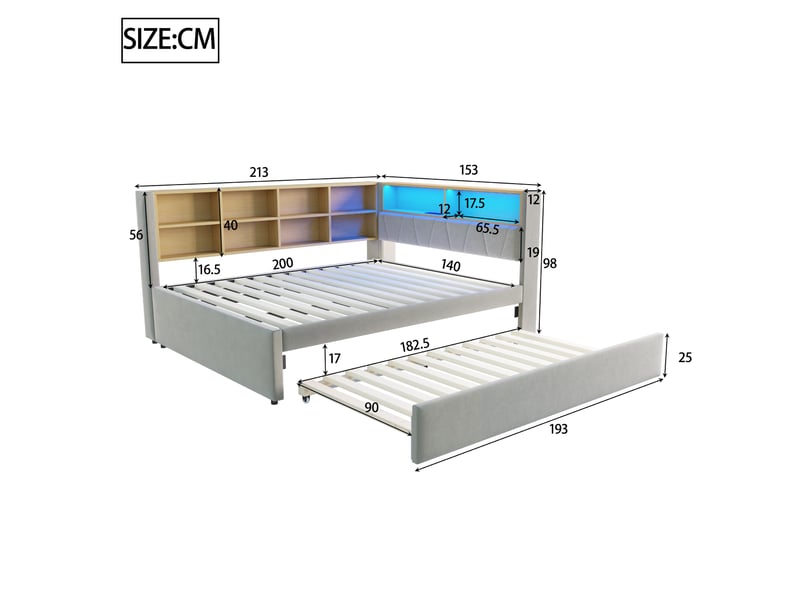  Lit gigogne 140x200 cm avec led et ports de charge en flanelle gris clair  - Conforama E