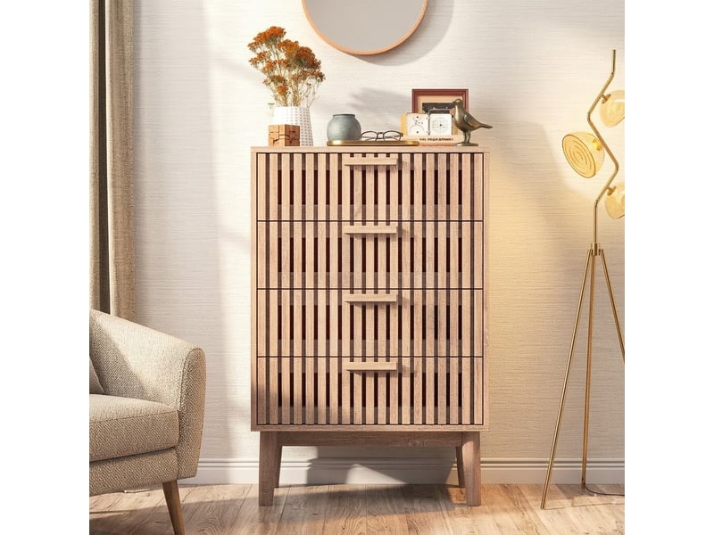  Commode 4 tiroirs, meuble de rangement avec antichute,chiffonnier bois colonne avec poignées et pieds, tiroir pour chambre, salon, bureau, 60x34x91cm  - Conforama D