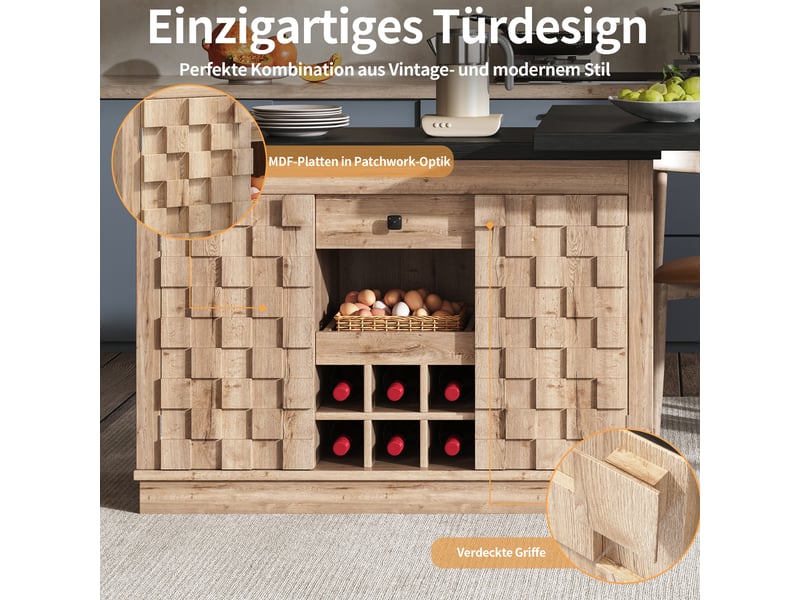  Desserte de cuisine avec 2 portes, tiroir, casier à vin amovible, plateau pivotant en mdf, 120 à 197×40×74,2 cm  - Conforama E