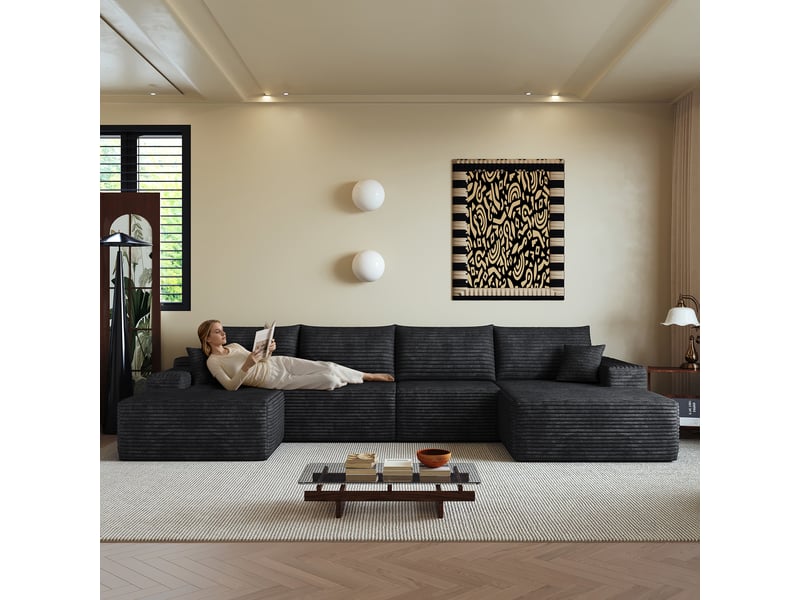 Canapé d'angle noir modulable avec méridienne, canapé en l assise profonde sans montage, canapé compressé - Conforama D