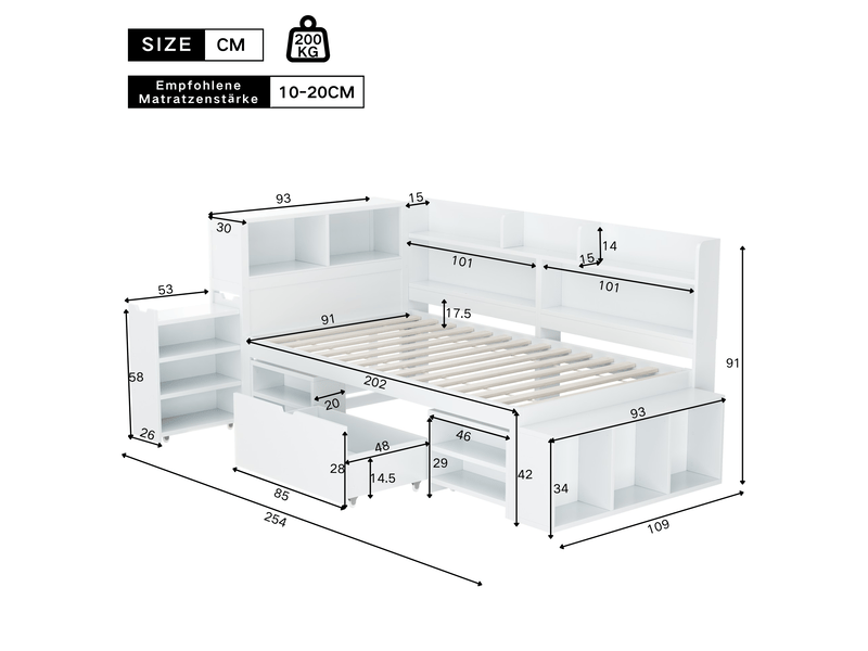  Lit enfant multifonctionnel 90 x 200 cm avec tiroir, bibliothèque et rangement blanc  - Conforama E