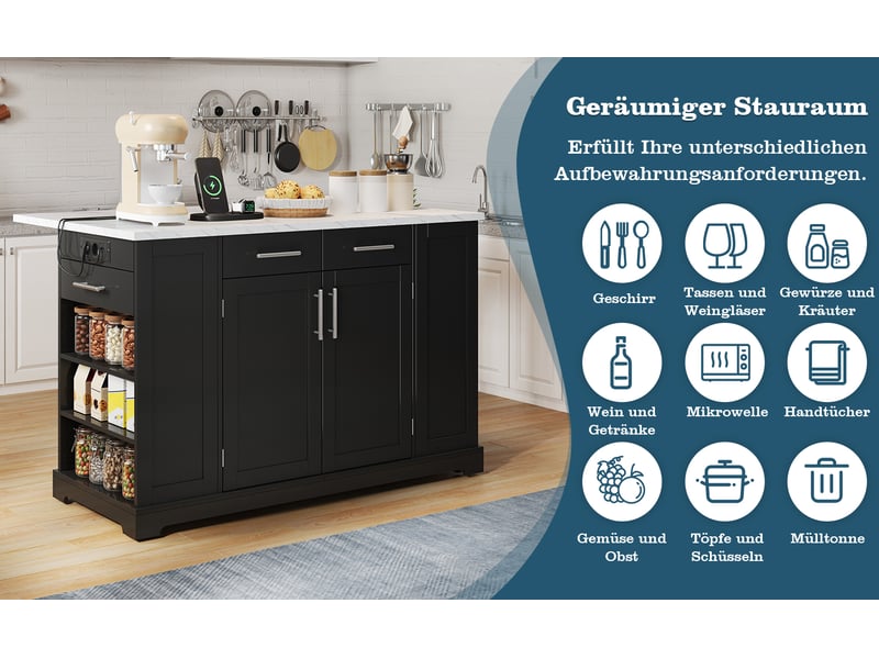 Îlot de cuisine mobile 138 × 86 × 92 cm noir, mdf, plateau effet marbre rabattable, prises eu, usb, type-c et bac coulissant - Conforama D