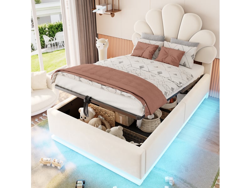  Lit simple 90x200 cm avec rangement hydraulique et led en velours beige  - Conforama C