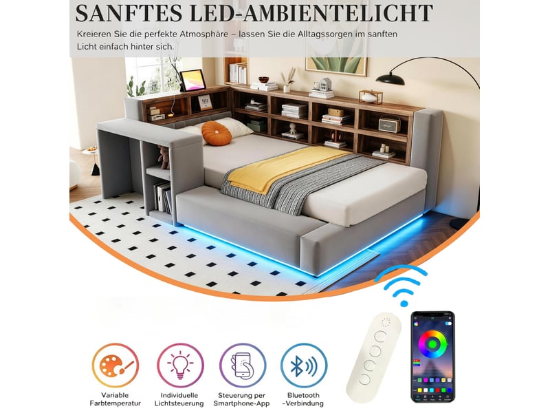  Lit combiné, 90x200 cm, doté de solutions de rangement, led, prises intégrées, matelas non inclus, mdf, coloris gris  - Conforama E