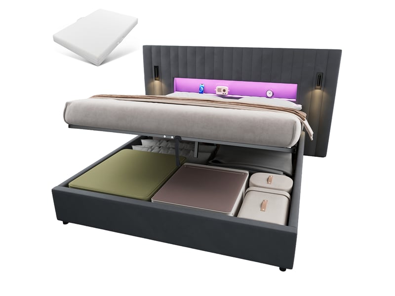  Lit pour enfant 180 × 200 cm 2 places avec matelas et veilleuses, lit rembourré avec compartiment de rangement et éclairage led, lit avec coffre de rangement, gris  - Conforama A