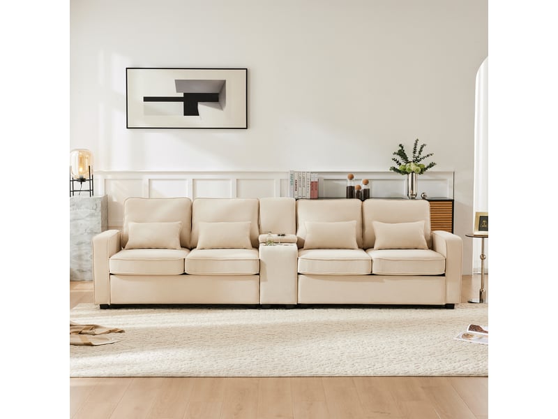  Canapé droit 4 places beige, revêtement en tissu lin, design moderne avec coussins de soutien intégrés  - Conforama B