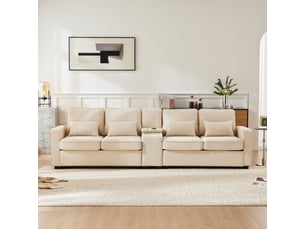 Canapé droit 4 places beige, revêtement en tissu lin, design moderne avec coussins de soutien intégrés
