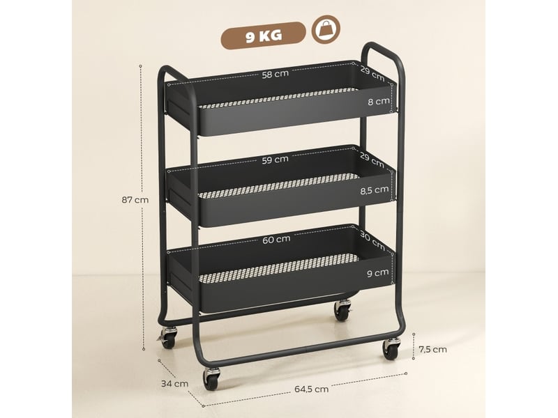  Desserte de cuisine 64,5 x 34 x 87 cm en métal noir, 3 paniers de rangement et 4 roulettes avec freins  - Conforama C