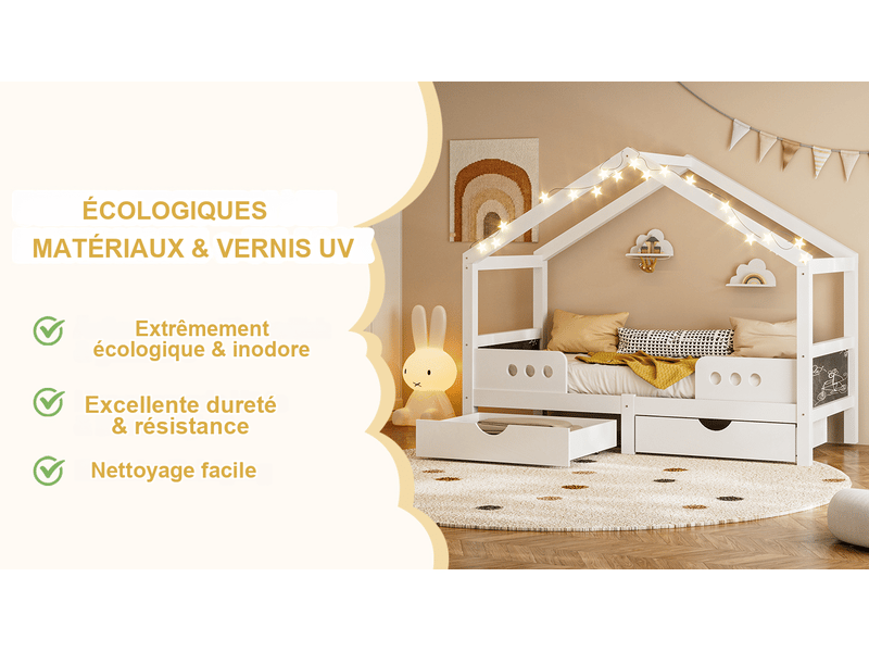  Lit cabane enfant blanc 90x200 cm en bois, 2 tiroirs intégrés, tableaux latéraux, charge 120 kg  - Conforama R