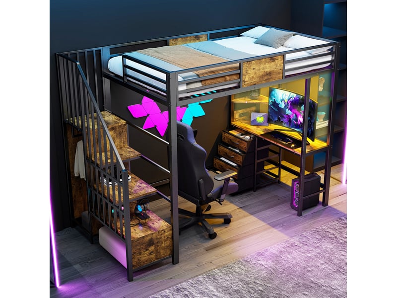  Lit mezzanine 90x200 cm avec bureau, rangements, barre de penderie, éclairage led et prise, mdf et métal, noir sans matelas  - Conforama D