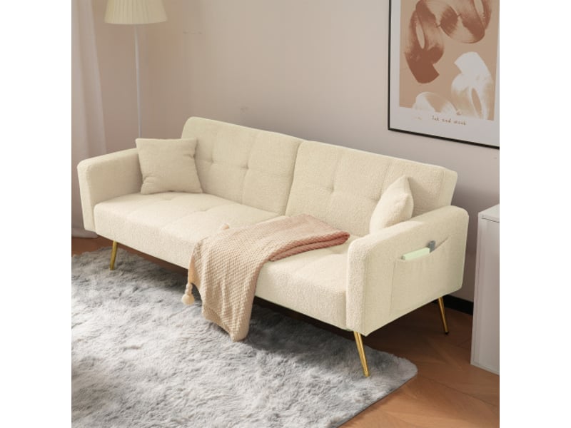  Canapé-lit convertible 2 places - canapé-lit inclinable - pieds dorés, coussins et poches de rangement latérales - sherpa beige  - Conforama B