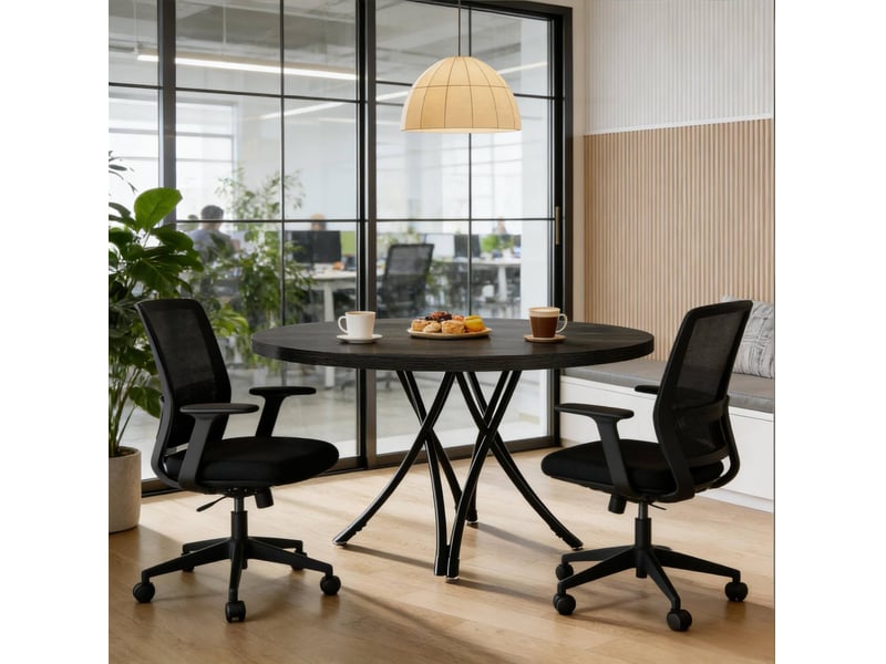  Table de salle à manger ronde pour 4 à 6 personnes avec pieds croisés style moderne pour cuisine en bois noir  - Conforama C