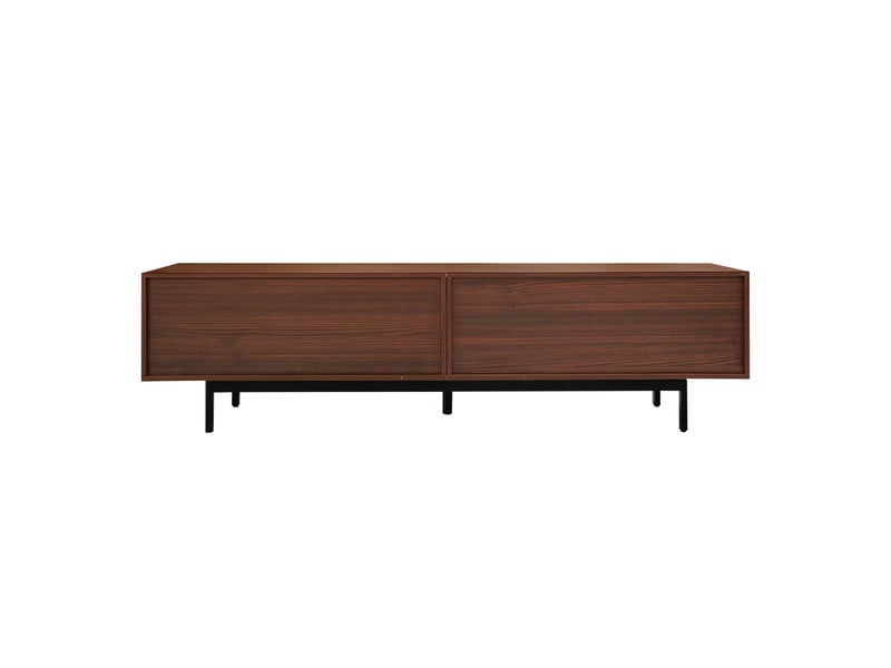  Meuble tv bas 200x35x53 cm led pilotable bluetooth, pilotage 16 appareils, portes verre, mdf particules, noir, noyer  - Conforama E