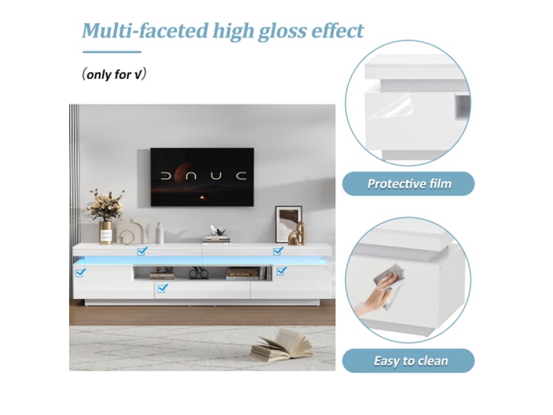  Meuble tv 175 cm blanc brillant avec led, 2 rangements en l, 1 tiroir, pour tv jusqu’à 75 pouces  - Conforama D