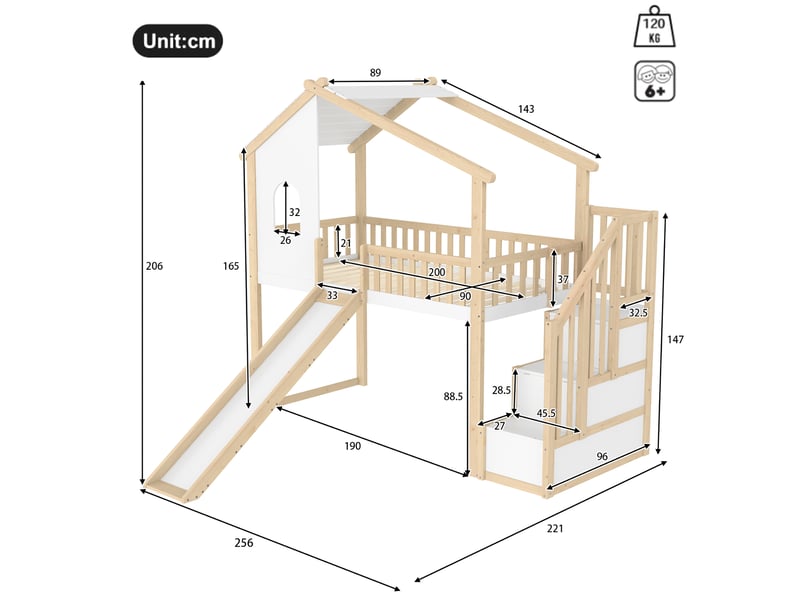  Lit mezzanine enfant, lit cabane 90x200 cm avec toboggan, escalier de rangement, fenêtre, barrières de sécurité, bois massif, blanc et naturel  - Conforama E