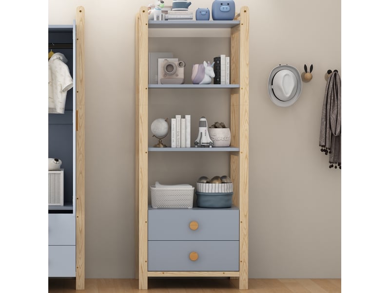 Ensemble armoire et étagère enfant bleu et bois avec tiroirs, 160 x 44 x 180,5 cm - Conforama D