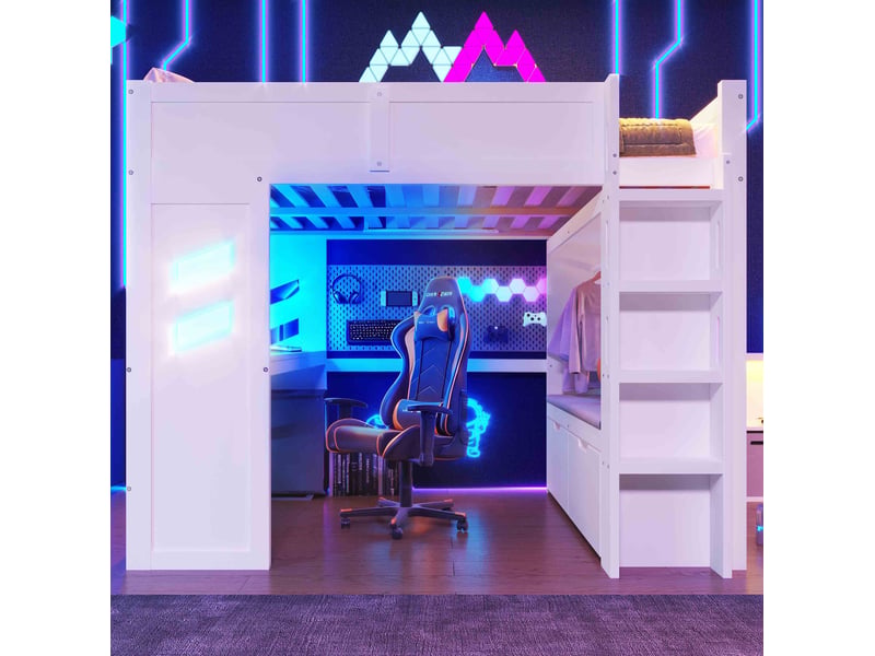 Lit mezzanine 140x200 cm avec bureau, led, rangements et échelle, blanc - Conforama E