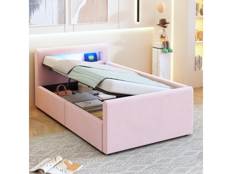  Lit coffre 90x200 cm, lit enfant avec éclairage led, veilleuse, port de usb et étagère, sans matelas, tissu velours, rose  - Conforama B