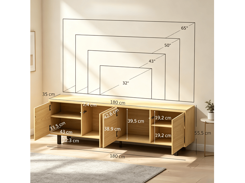  Banc tv 180x35x55,5 cm avec 4 portes à pression, panneau de particules métal couleur naturel  - Conforama E