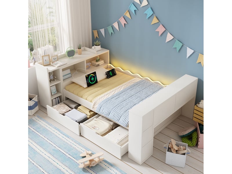  Lit simple 90x200 cm avec 2 tiroirs, bureau coulissant, led et prises, blanc  - Conforama C