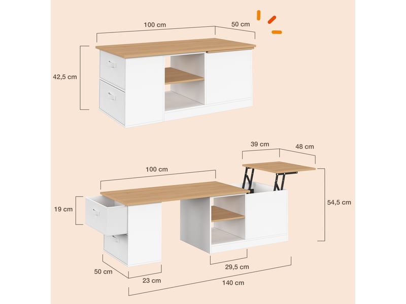  Table basse plateau relevable et extensible rectangulaire ilona 100-140 cm avec 2 tiroirs, coffre et étagère blanc et bois  - Conforama D