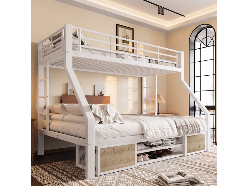  Lits superposés 90x200 cm et 140x200 cm blanc, armoire à chaussures, rangements, échelle, sans matelas  - Conforama C