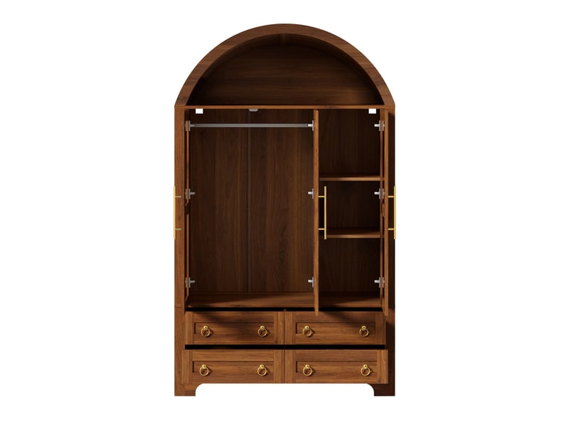  Armoire à 3 portes vitrées et 4 tiroirs, 110 x 50 x 186 cm, avec éclairage led, tringle intégrée et étagères, couleur noyer  - Conforama E