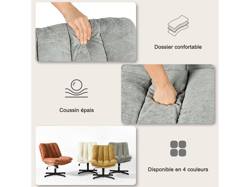Fauteuil salon pivotant sur 360°, réglable en hauteur, sans accoudoirs, en tissu chenille, gris - Conforama E