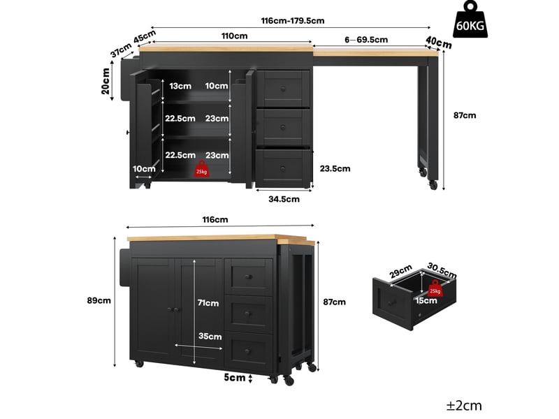  Îlot de cuisine extensible modenvie avec rangement, 3 tiroirs, étagères latérales, roulettes et plateau rallonge, 116 à 179,5 x 45 x 89 cm, noir  - Conforama C