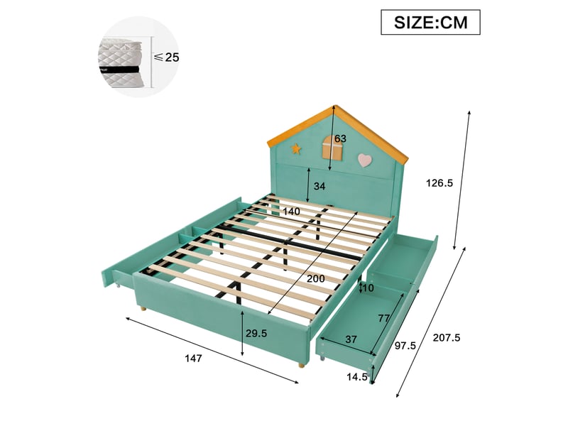  Lit cabane enfant 140x200 cm en velours bleu-vert avec 4 tiroirs, sans matelas  - Conforama C