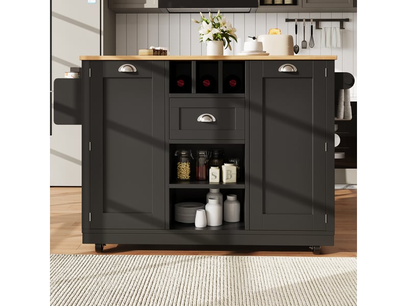  Îlot de cuisine 140x40x93,5 cm avec roulettes, porte-bouteilles, porte-serviettes mdf métal noir  - Conforama E